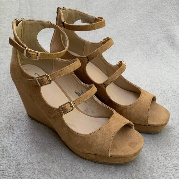 Journee Collection Skyla Tan Microsuede Strappy Peep Toe Demi Wedges - Picture 6 of 15
